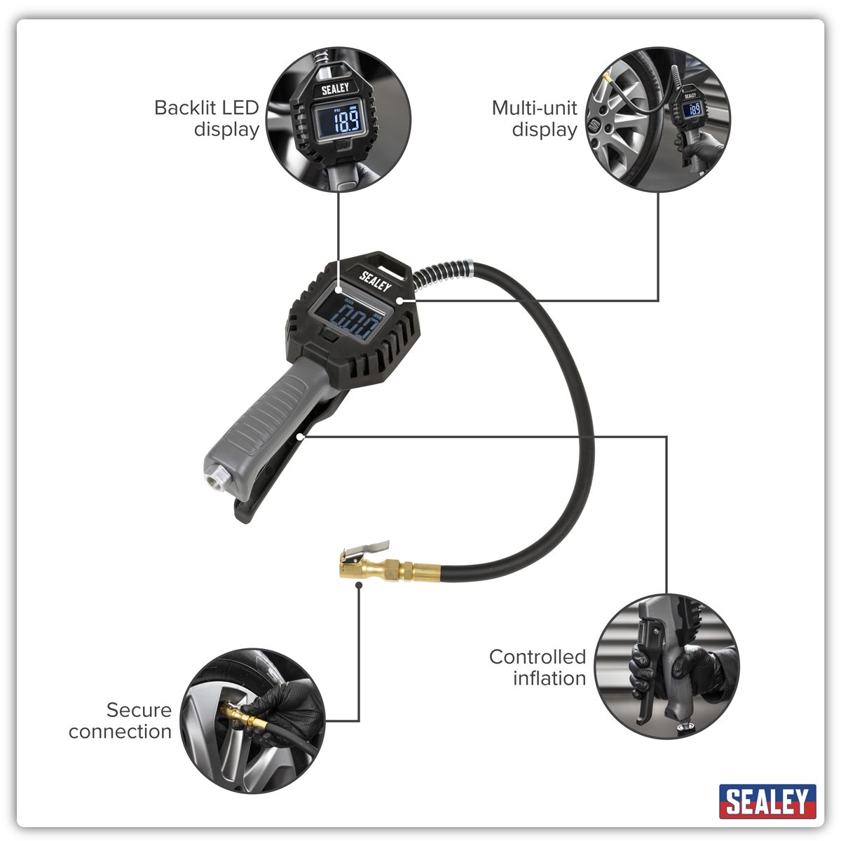 Sealey Rechargeable Tyre Inflator SA500 15bar with Clip-On Connector