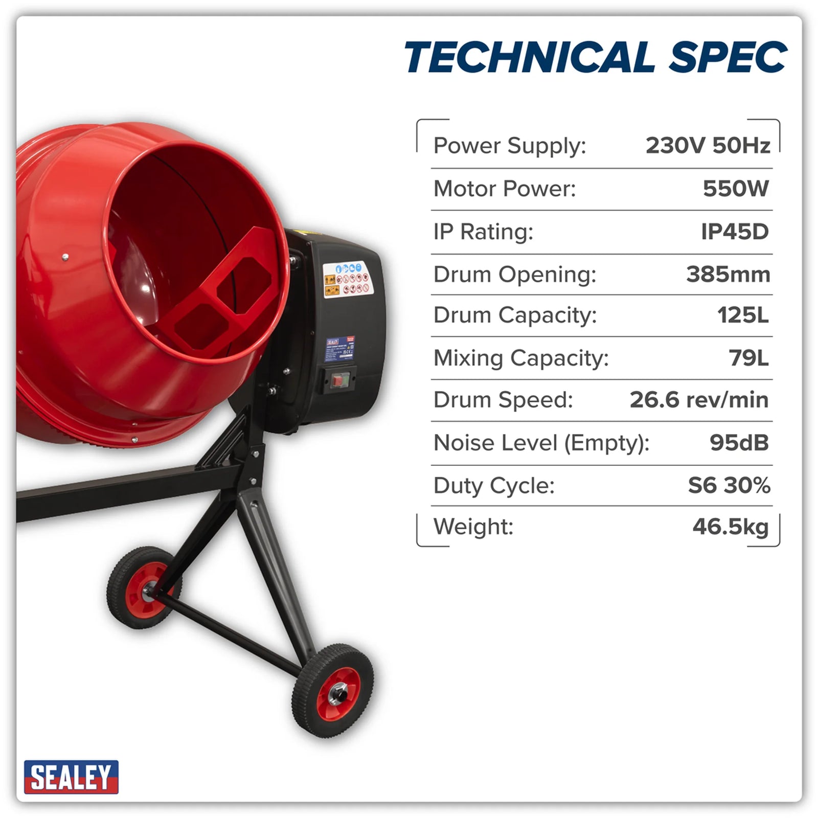 Sealey Cement Mixer CMX125 125L Drum Capacity 550W