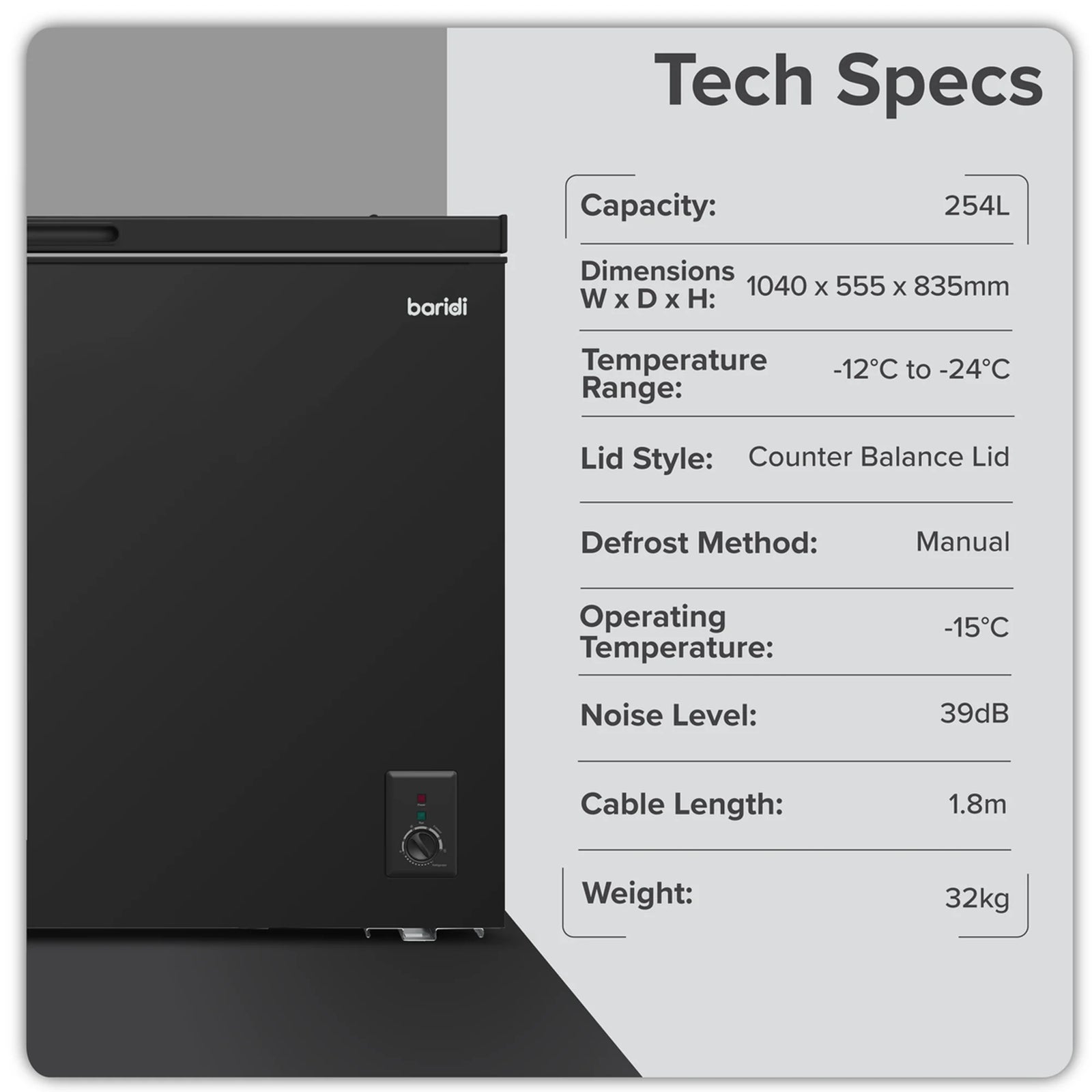 Baridi Chest Freezer DH259 254L Capacity - Black