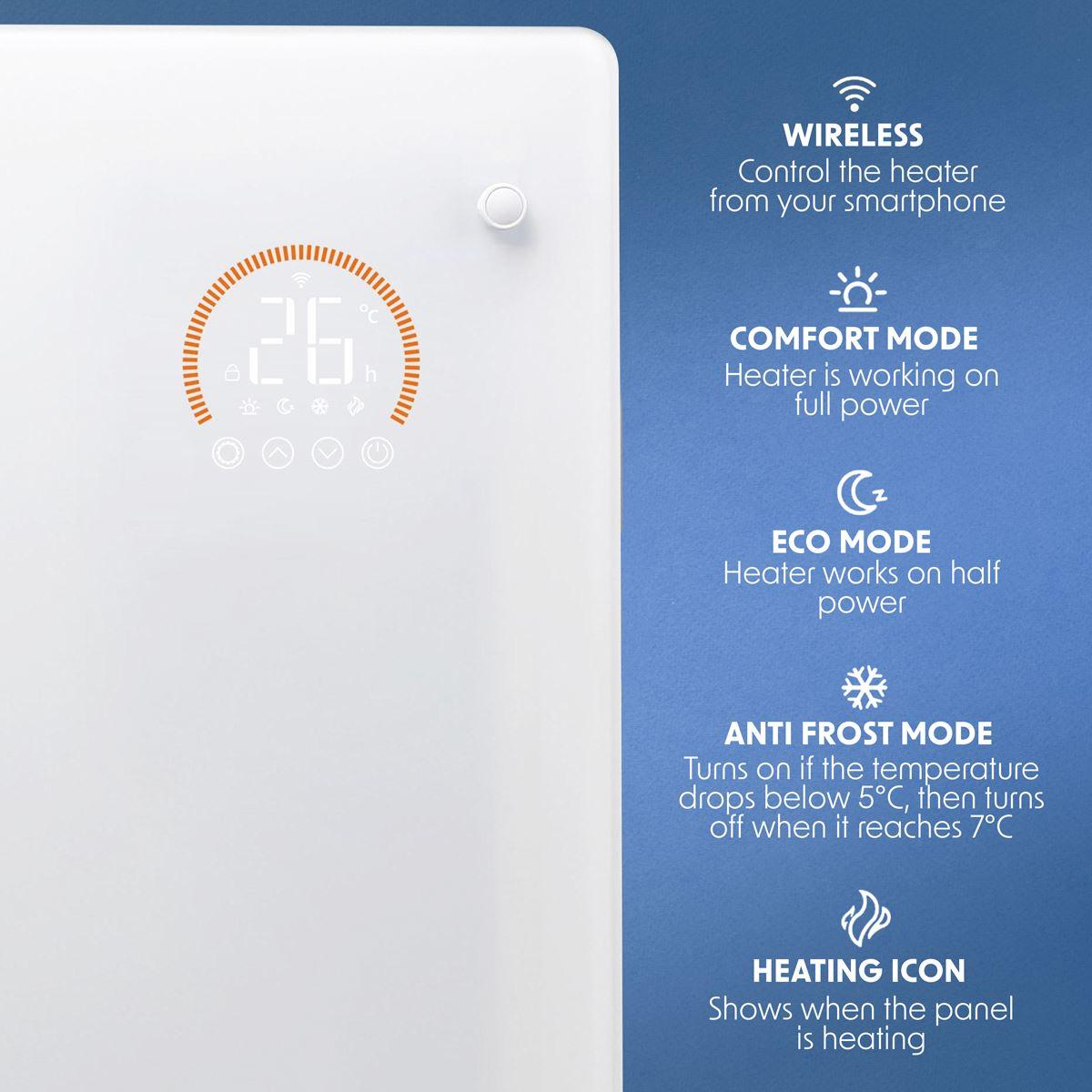 Baridi 2000W Electric Glass Panel Heater with 24/7 Timer, Remote Control & Wi-Fi - White