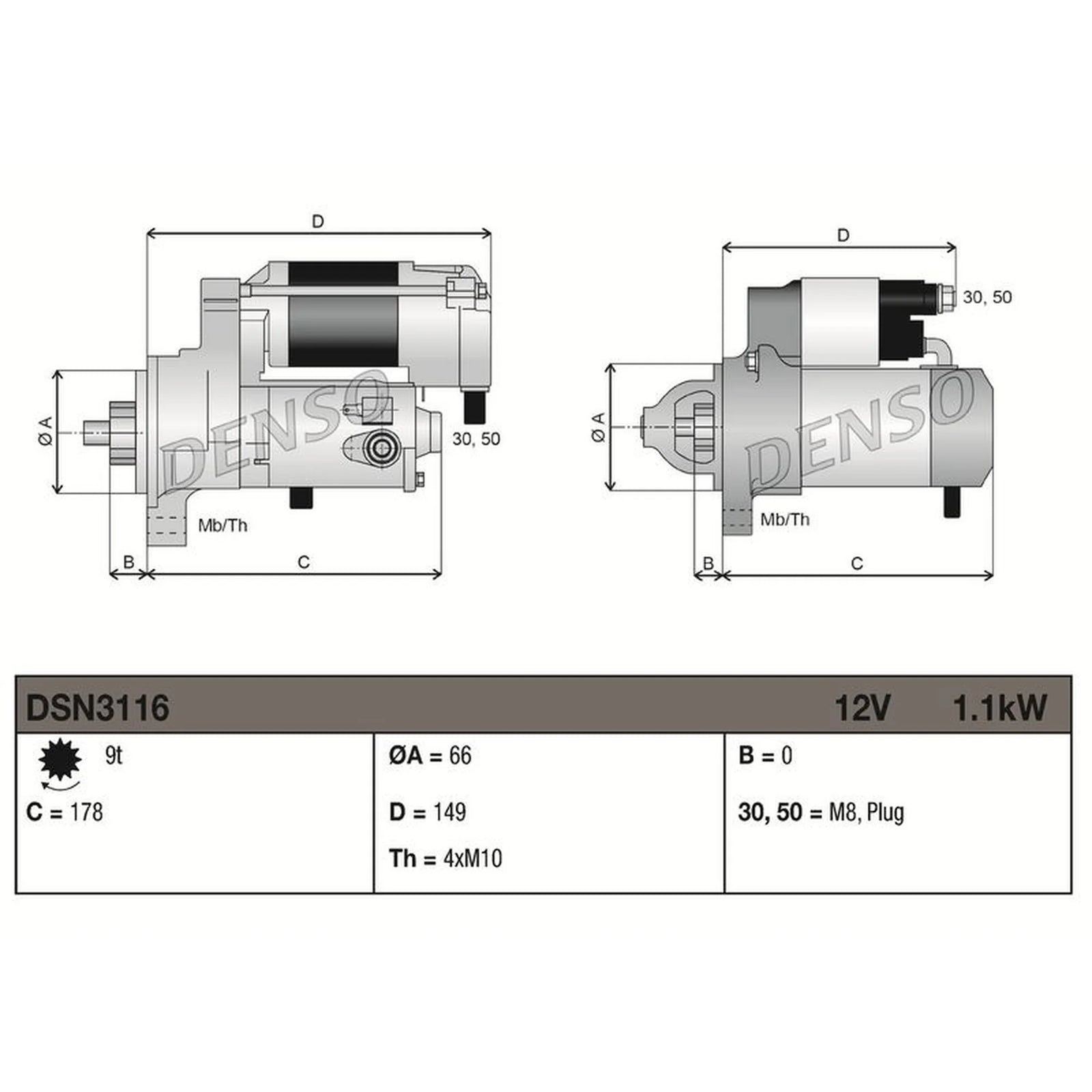 Denso Starter Motor 12V 1.1kW 9 Teeth DSN3116