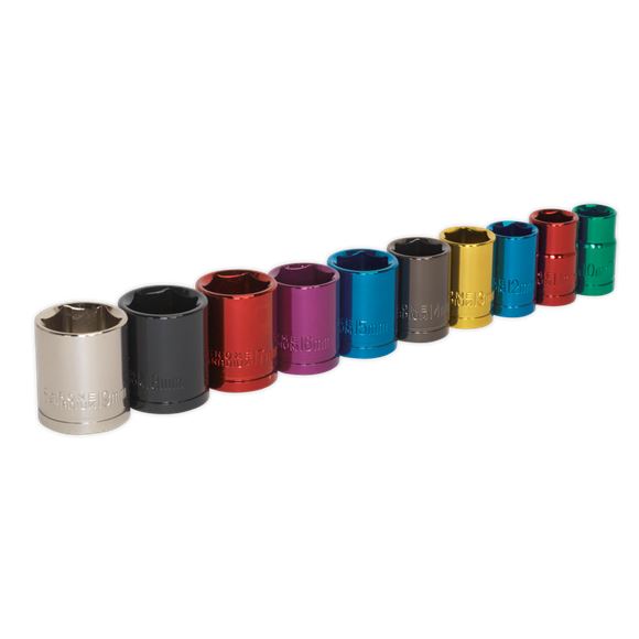 Sealey Premier 10pc 3/8" Drive Multi Coloured Hex Socket Set 10-19mm WallDrive
