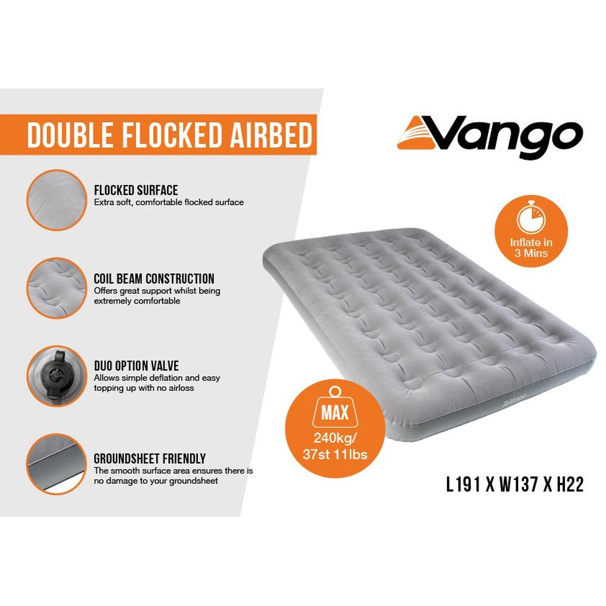 Vango Double Flocked Airbed Dark Grey