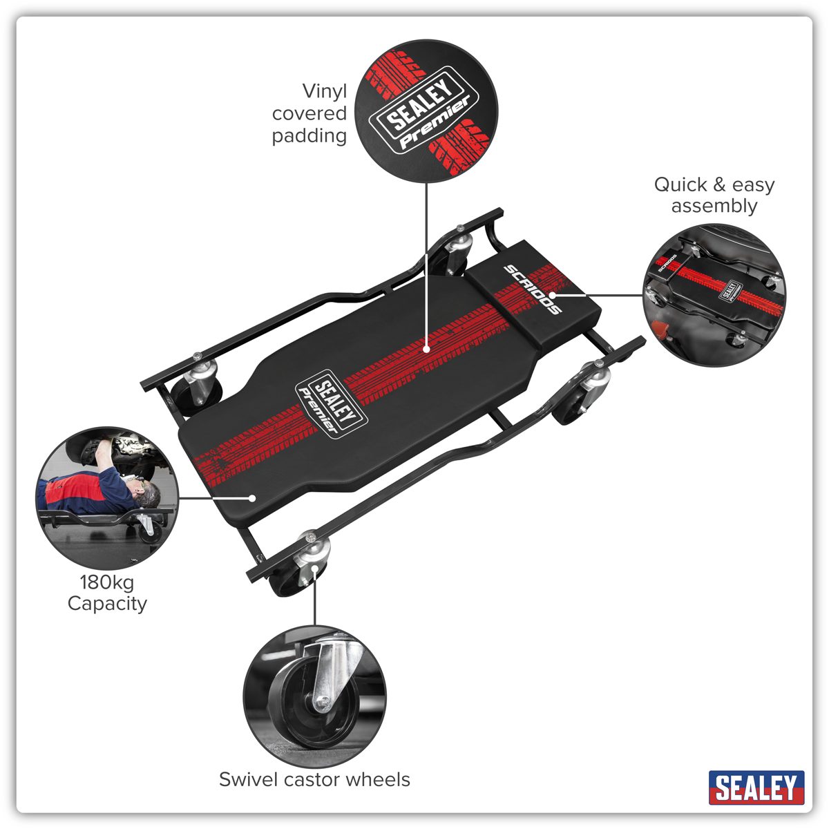 Sealey Steel Creeper SCR100S 180kg Capacity with 4 Rough Ground Wheels
