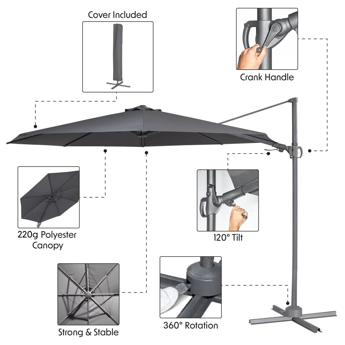 Dellonda Cantilever Parasol with 360 Rotation, Tilt & Cover 3m - Grey