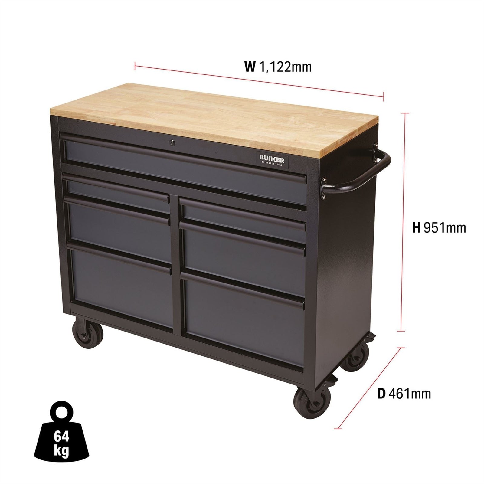Draper BUNKER Workbench Roller Tool Cabinet, 7 Drawer, 41", Grey 08216