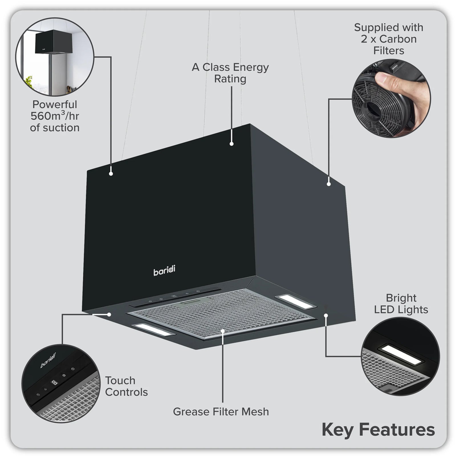 Baridi Square Island Cooker Hood 40cm - Black - 530m³/h