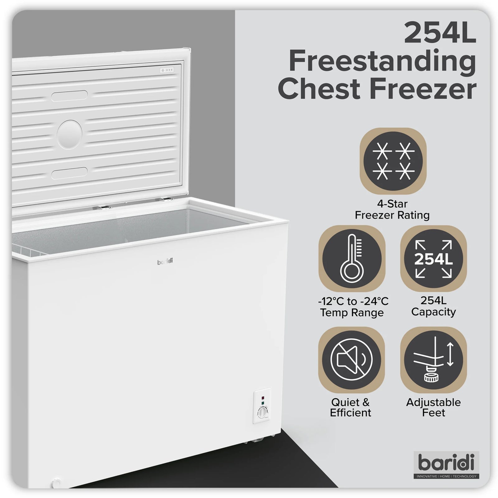 Baridi Chest Freezer DH258 254L Capacity - White