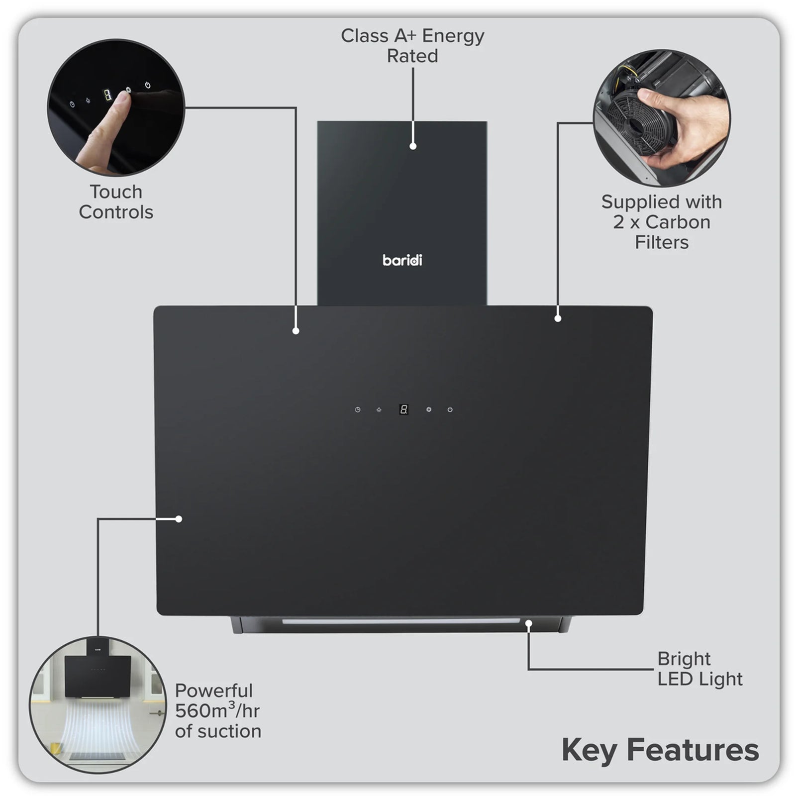 Baridi DH105 60cm Wall Mounted Cooker Hood with Touch Controls