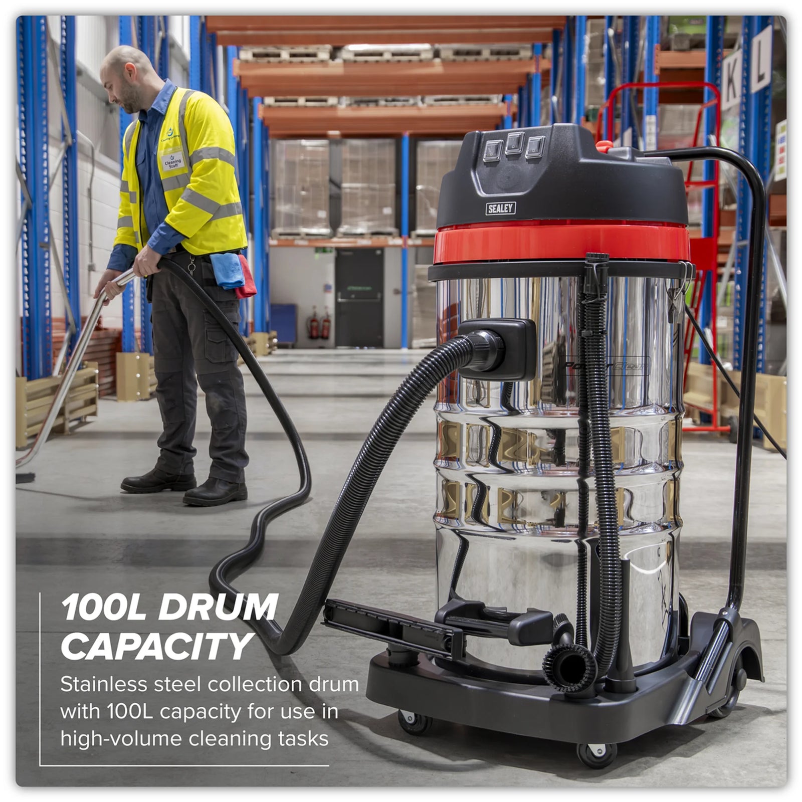 Sealey Vacuum Cleaner Wet & Dry 100L 3000W Stainless Steel Drum