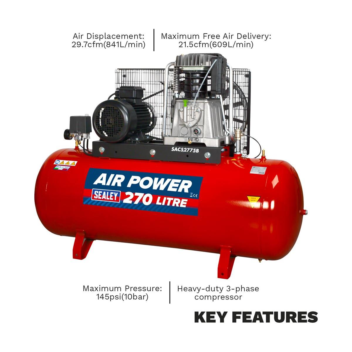 Sealey 270L Belt Drive Air Compressor with Cast Cylinders 7.5hp 3ph 2-Stage
