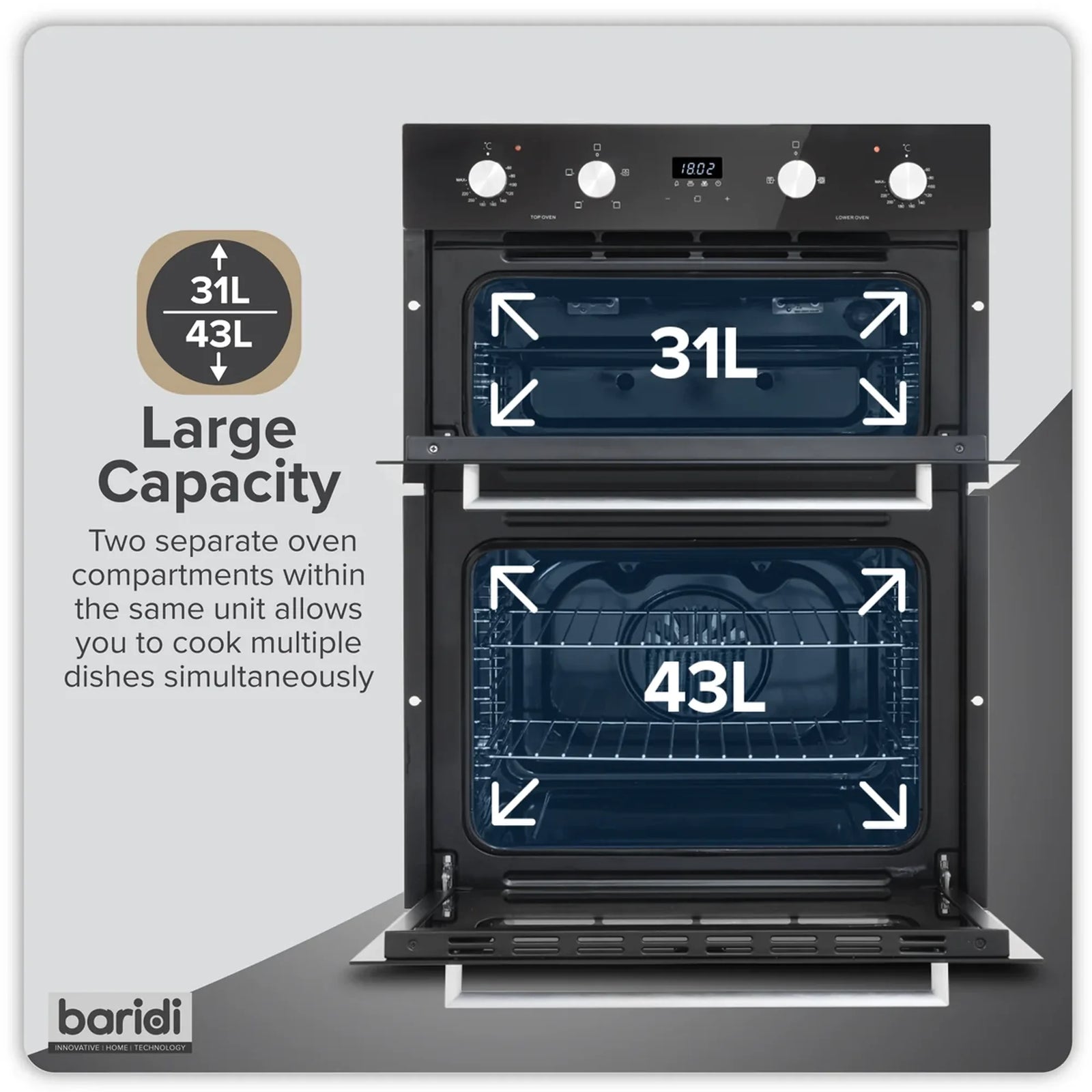 Baridi Built-Under Double Oven DH278, 74L Capacity, Energy Rating A