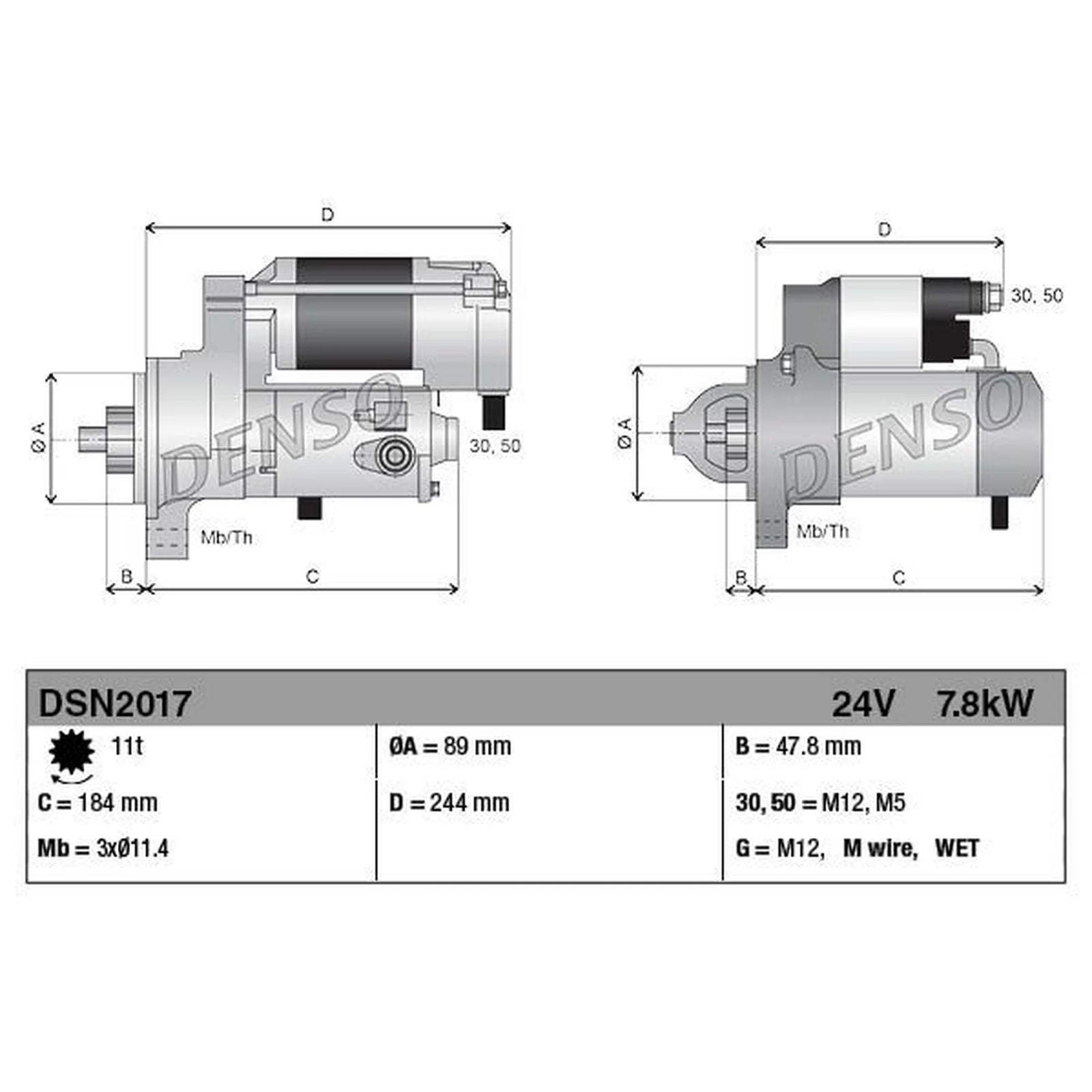Denso Starter Motor 24V 7.8kW 11 Teeth DSN2017