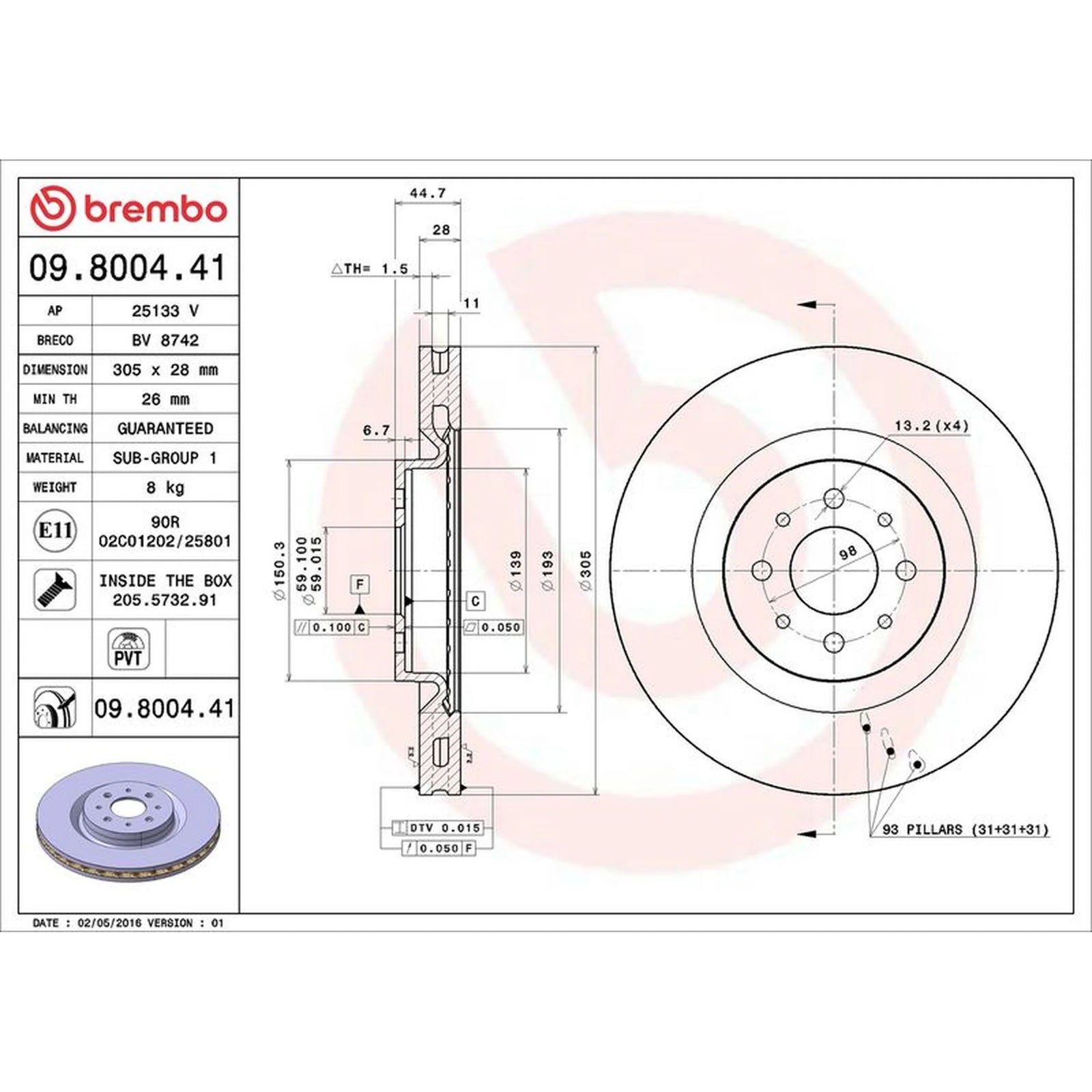 Brembo 2 x Internally Vented Brake Discs fits Alfa Romeo Mito 2008-2018 1.4