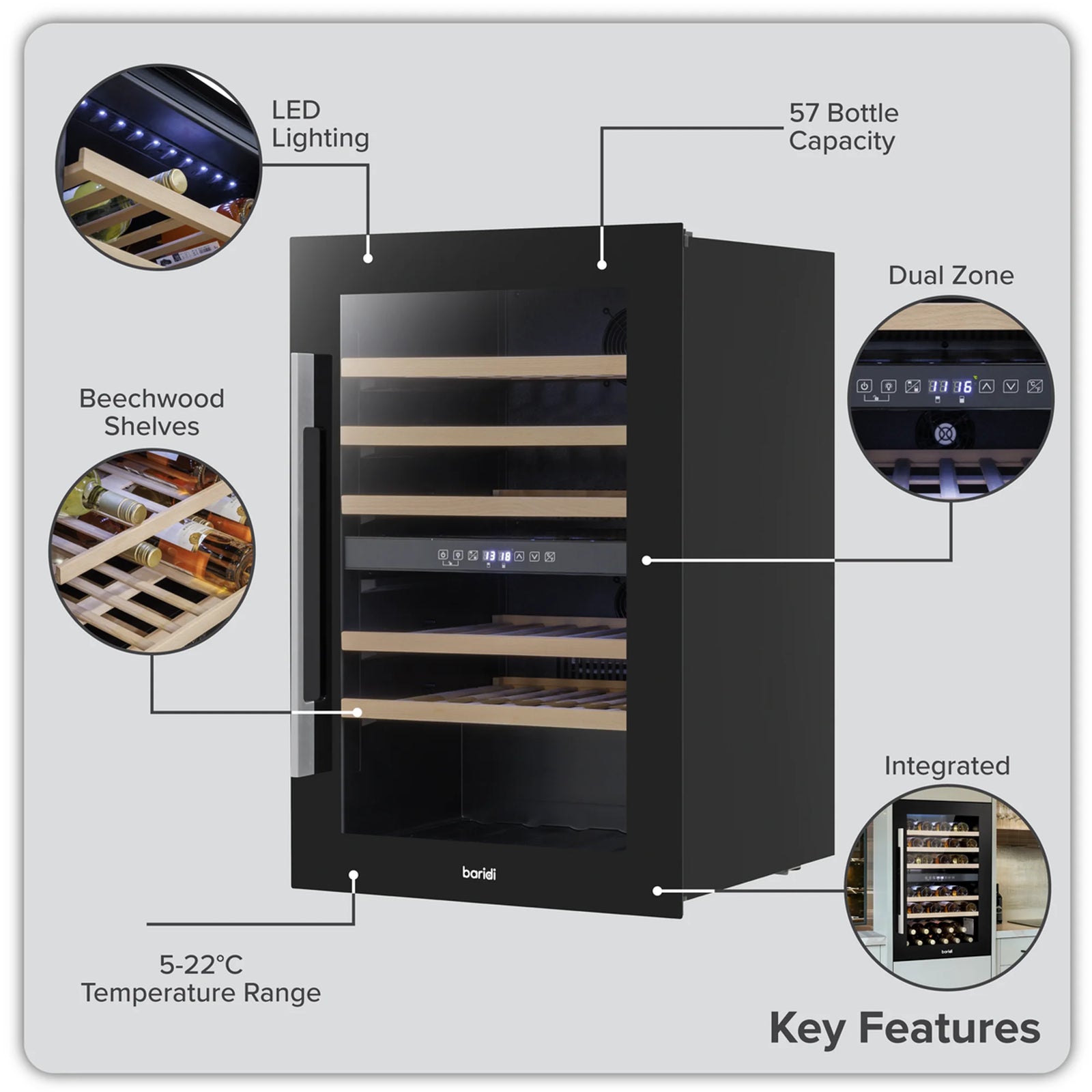 Baridi Wine Cooler 57 Bottles Dual Zone DH118 Black
