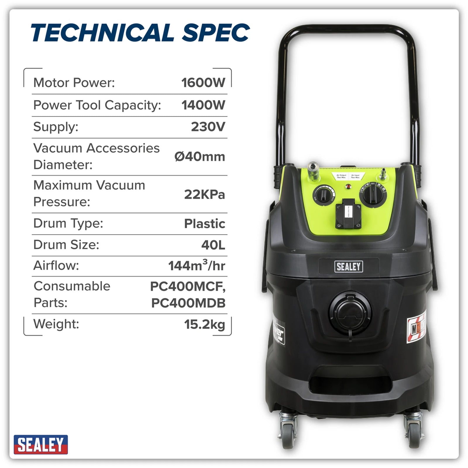 Sealey M Class Wet & Dry Vacuum Cleaner 40L 1600W Autostart