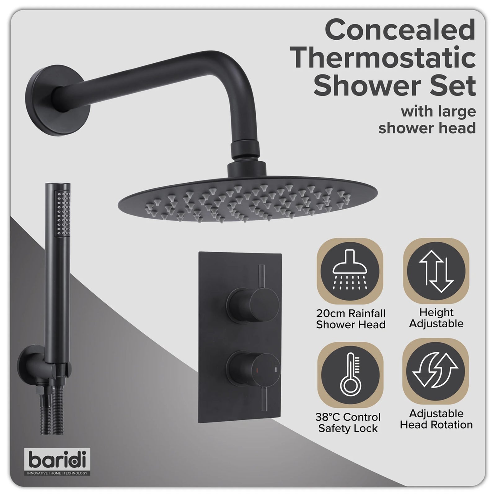 Baridi Concealed Thermostatic Shower Set DH319 20cm Round Head