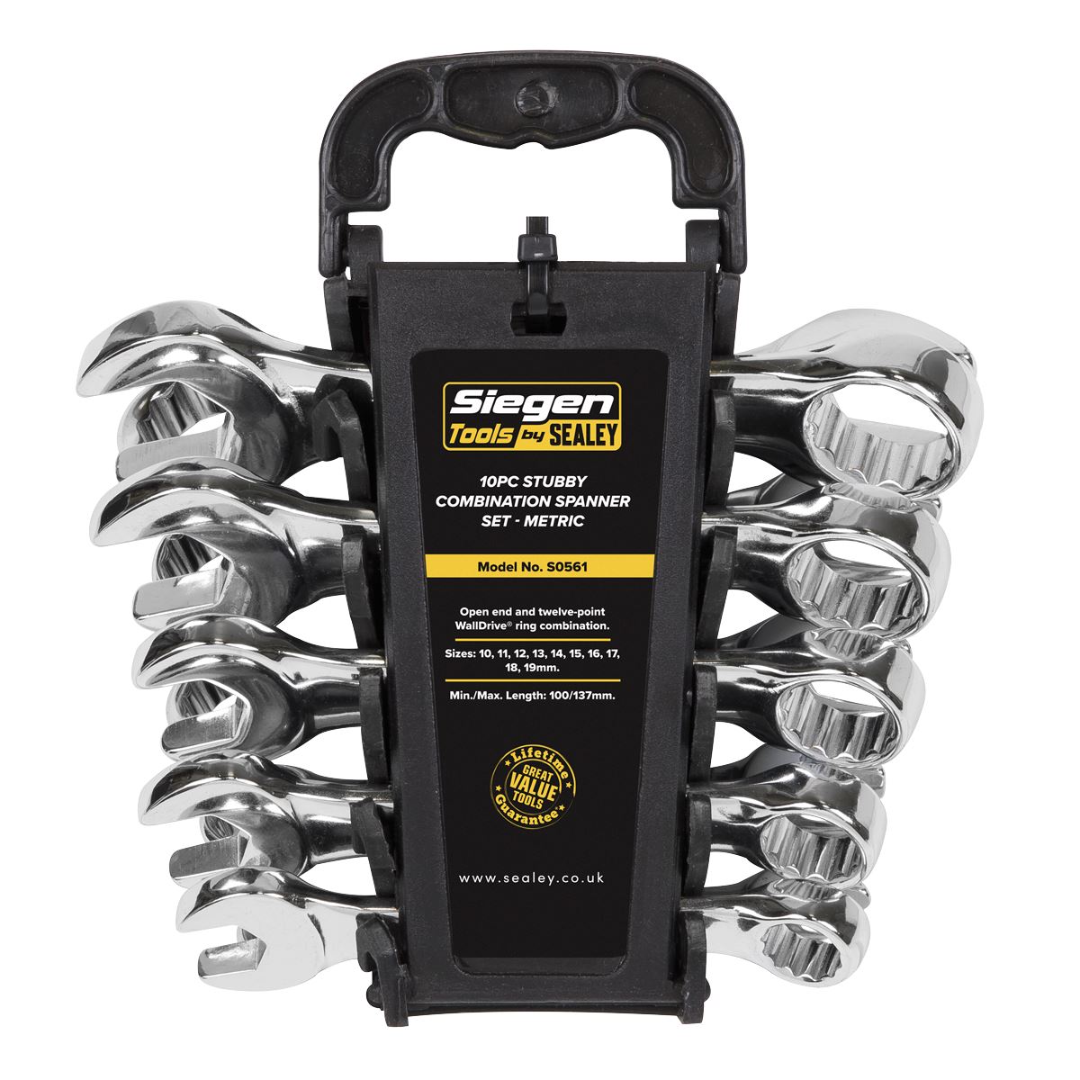 Siegen 10pc Stubby Metric Combination Spanner Set Open End Ring 10-19mm