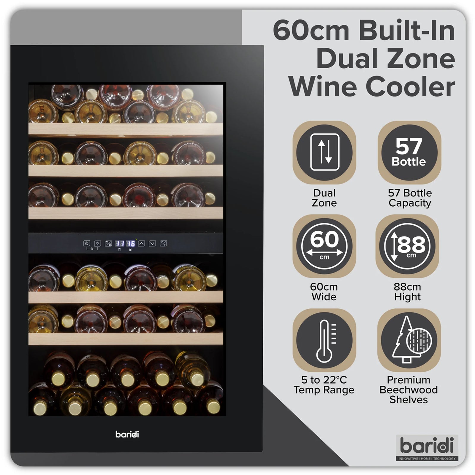 Baridi Wine Cooler 57 Bottles Dual Zone DH118 Black