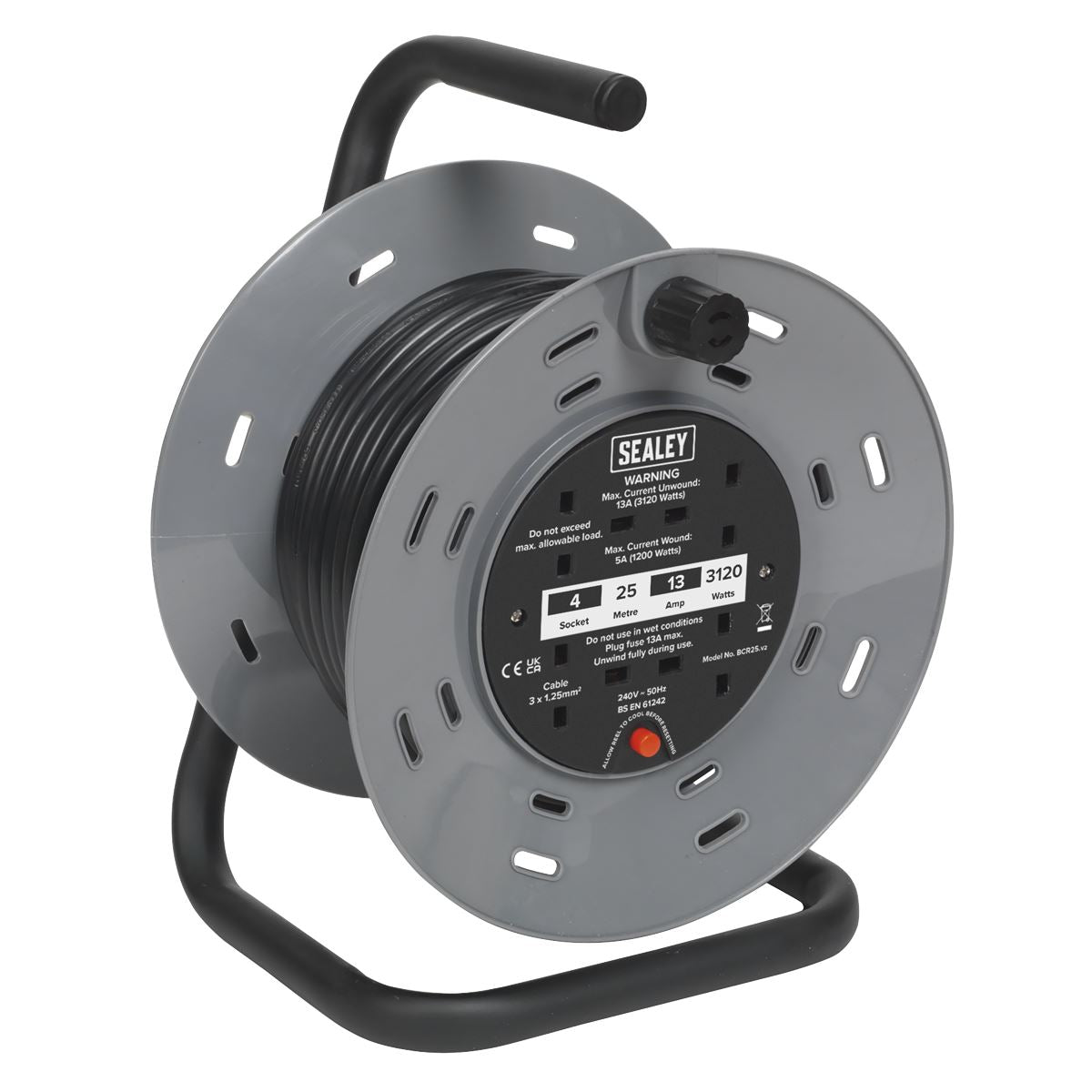 Sealey Cable Reel 25m 4 x 230V 1.25mmï Thermal Trip BCR25