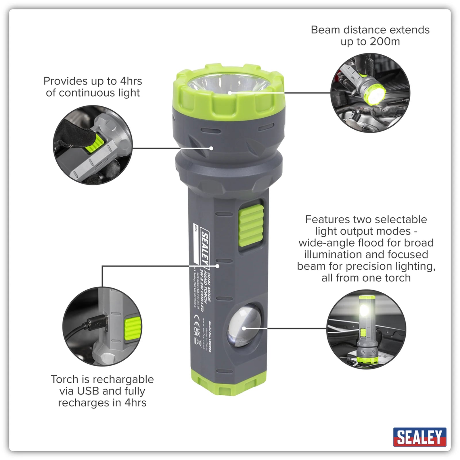 Sealey Dual Mode Hand Torch LED302 300lm 3W & 2W COB