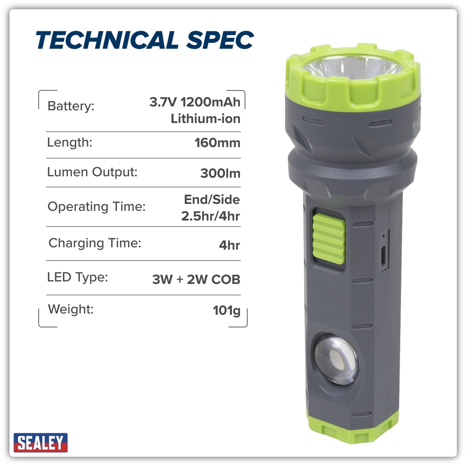 Sealey Dual Mode Hand Torch LED302 300lm 3W & 2W COB