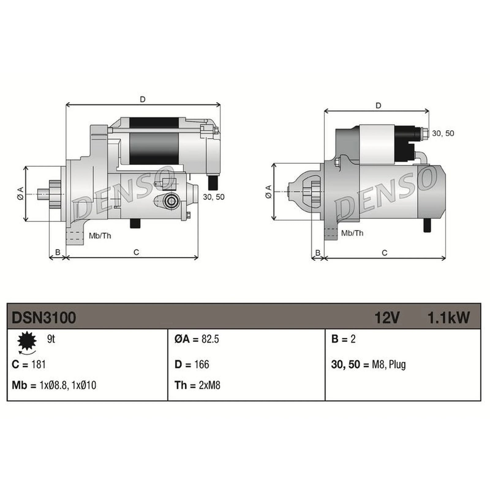 Denso Starter Motor 12V 1.1kW 9 Teeth DSN3100