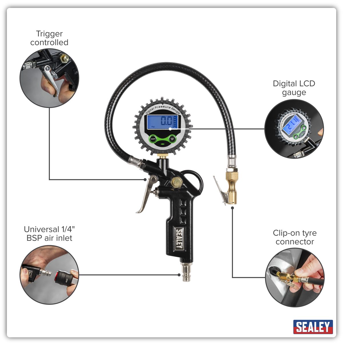 Sealey Digital Tyre Inflator SA332D 12bar with Clip-On Connector