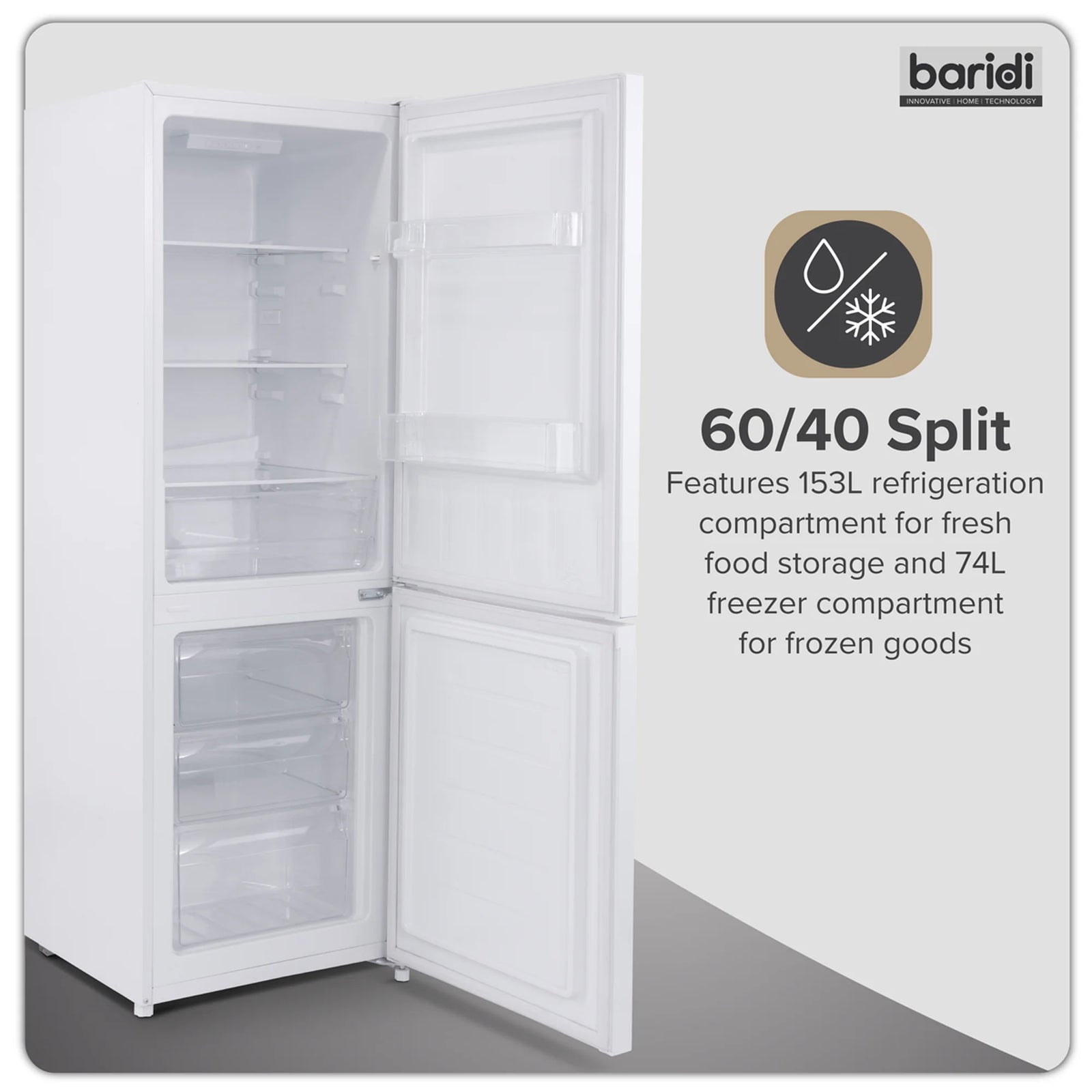 Baridi 60/40 Smart Frost Fridge Freezer 227L Capacity - White