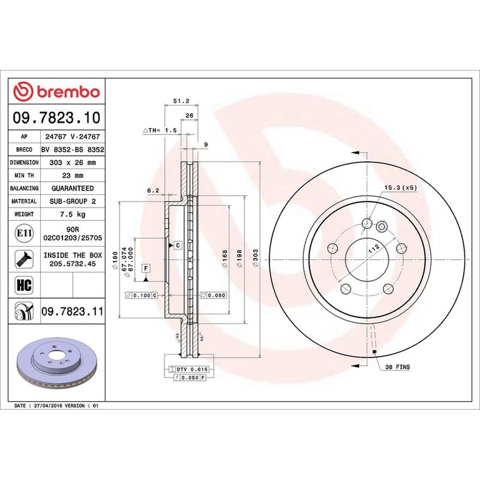 Brembo 2 x Internally Vented Brake Discs fits Mercedes-Benz M-Class 1998-2005