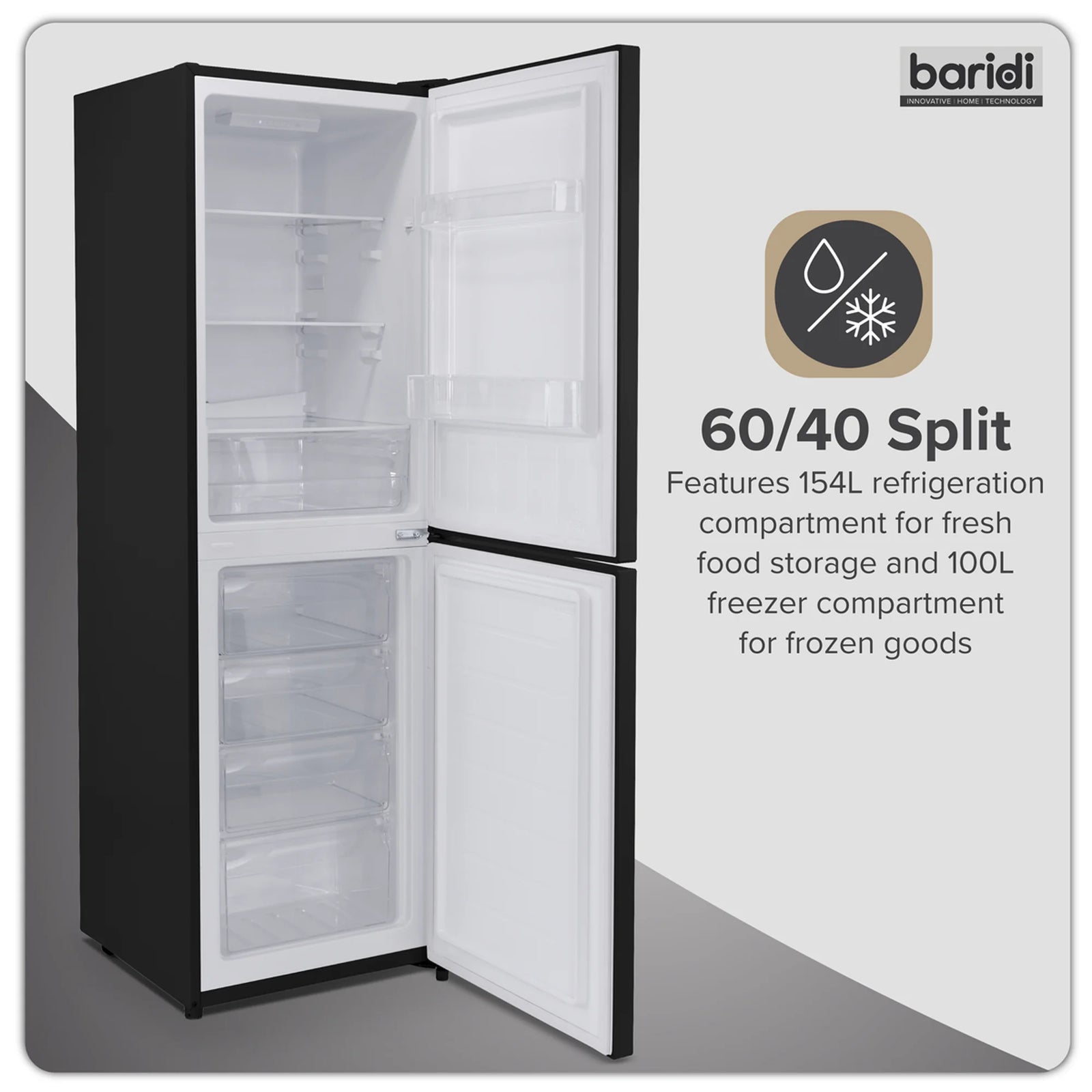 Baridi 50/50 Smart Frost Fridge Freezer 254L Capacity - Black
