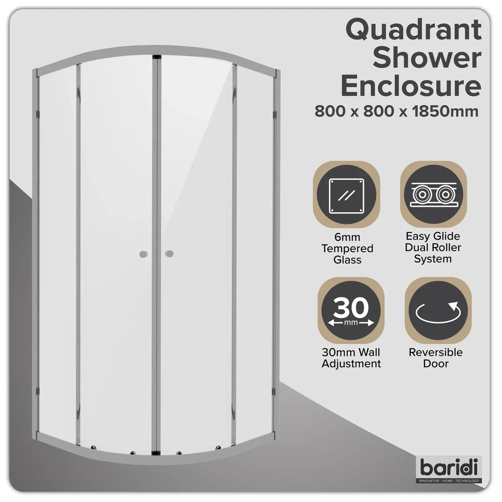 Baridi Quadrant Shower Enclosure 800x800mm with 6mm Tempered Glass