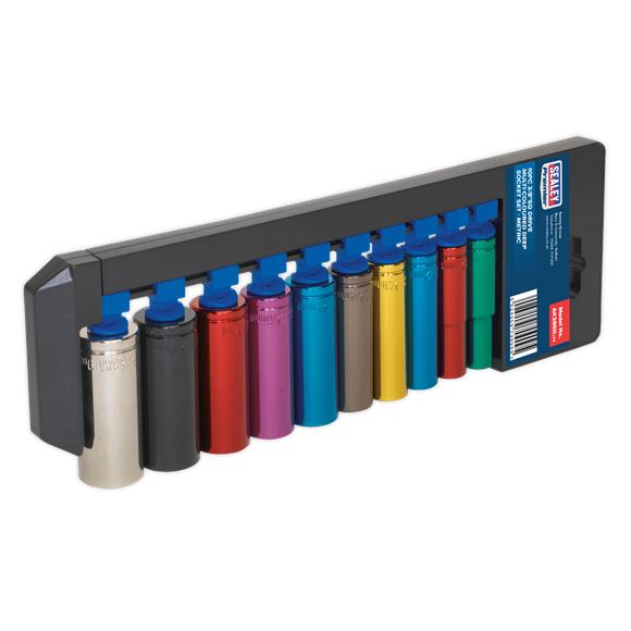 Sealey Premier 10pc 3/8" Drive Deep Multi Coloured Hex Socket Set 10-19mm