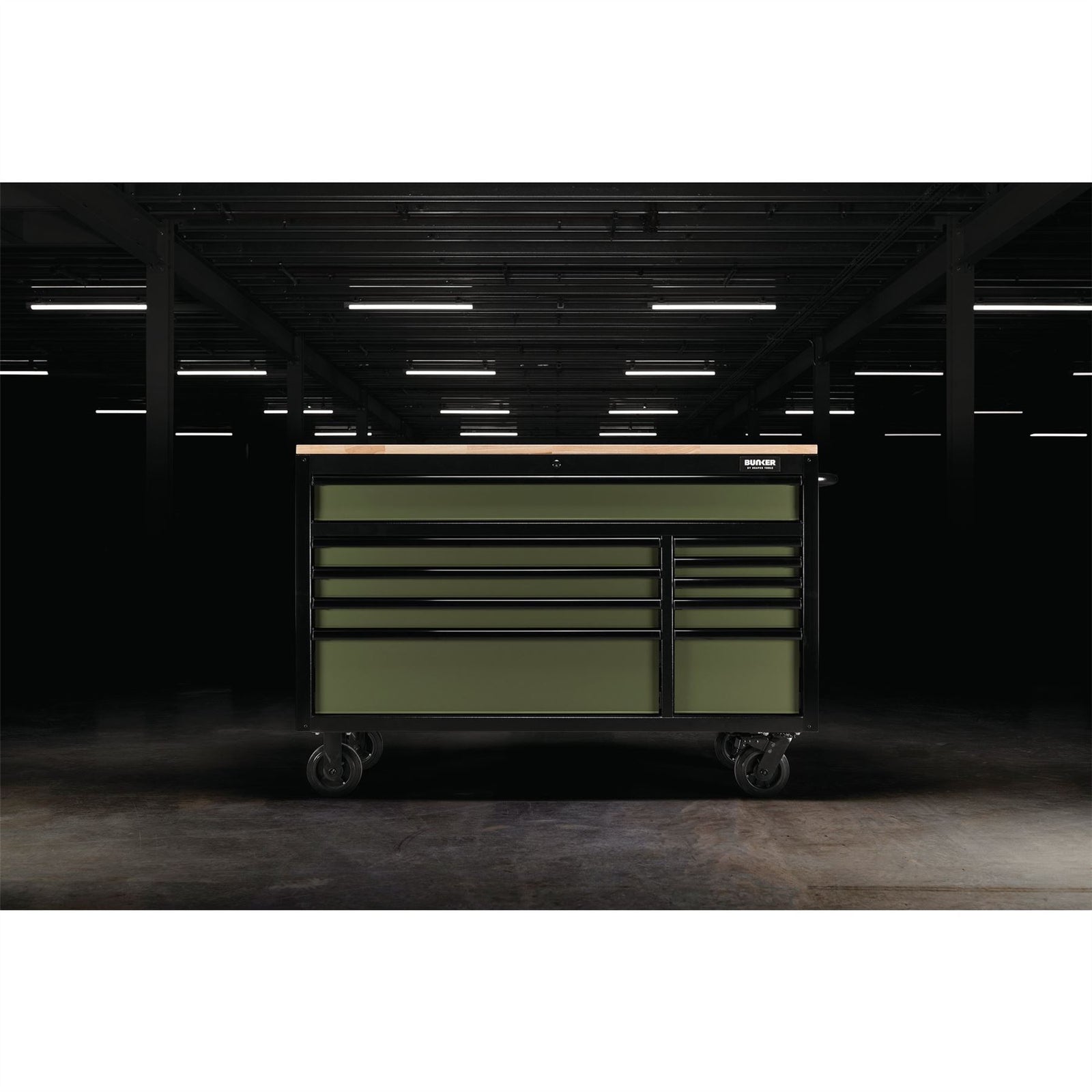 Draper BUNKER Workbench Roller Tool Cabinet, 10 Drawer, 56", Green 08236