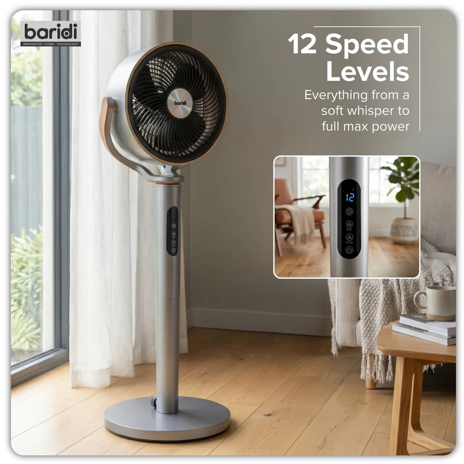 Baridi Pedestal Fan DH264 12" with Remote & Timer - Grey