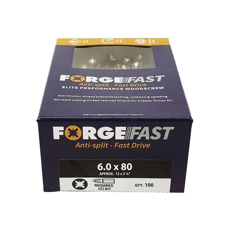 Forgefix ForgeFast Pozi Compatible Elite Performance Wood Screw ZY 6.0 x 80mm Box 100