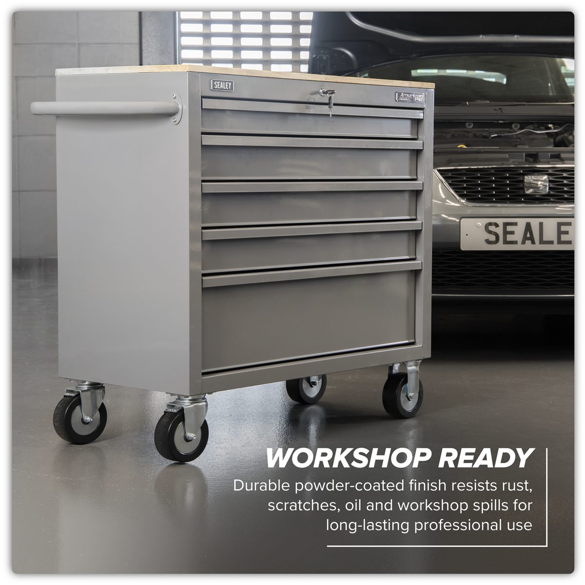 Sealey Mobile Workstation APMWS1G 5 Drawer Grey with Wooden Worktop