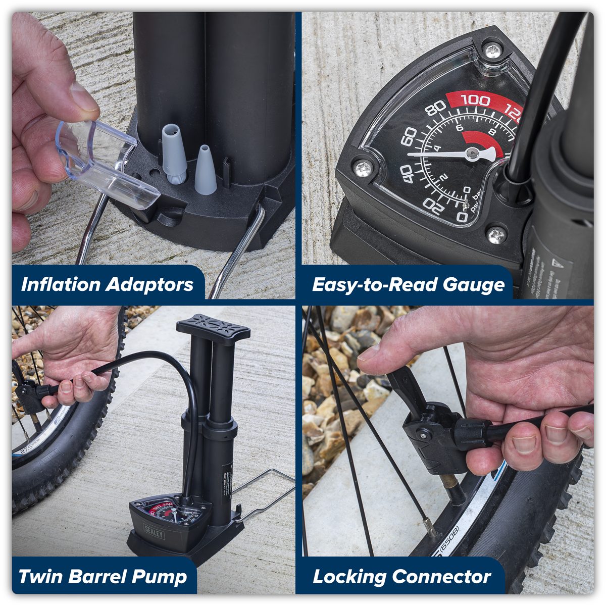 Sealey Mini Twin Barrel Bicycle Foot Pump 4bar/60psi & 8bar/120psi