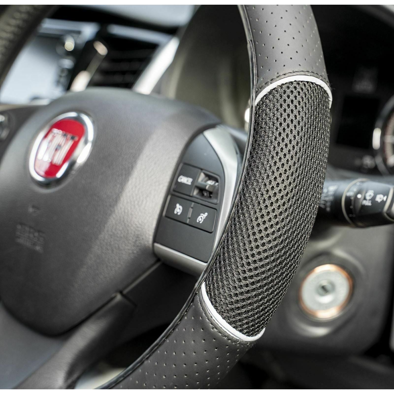 Car Steering Wheel Cover/Glove Universal Soft Grip Black Faux Leather/Black Mesh