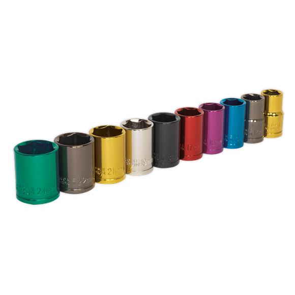Sealey Premier 10pc 1/2" Drive Multi Coloured Hex Socket Set 13-24mm WallDrive