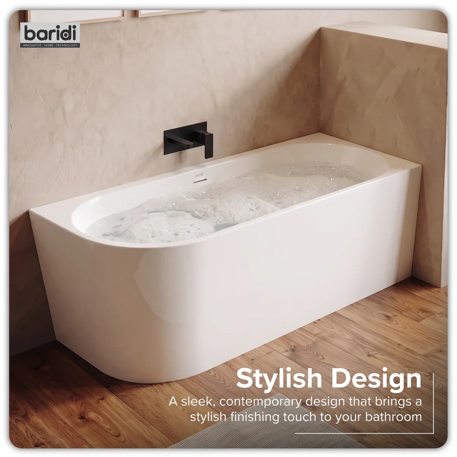 Baridi Right-Hand Corner Slim Rim Bath 150cm - Gloss White