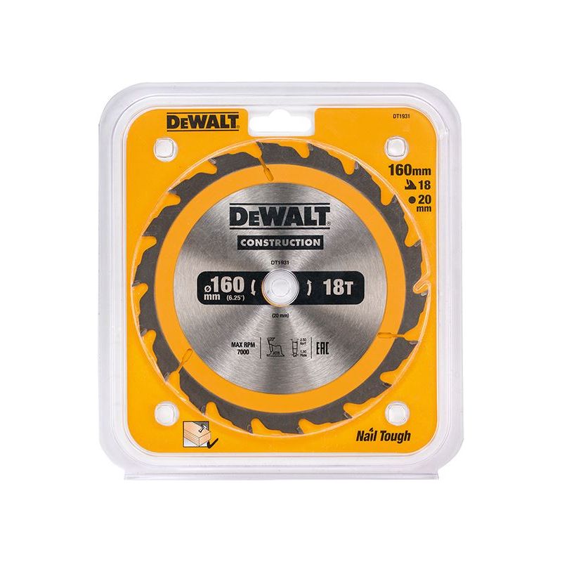 Dewalt Power Tools Portable Construction Circular Saw Blade 160 x 20mm x 18T