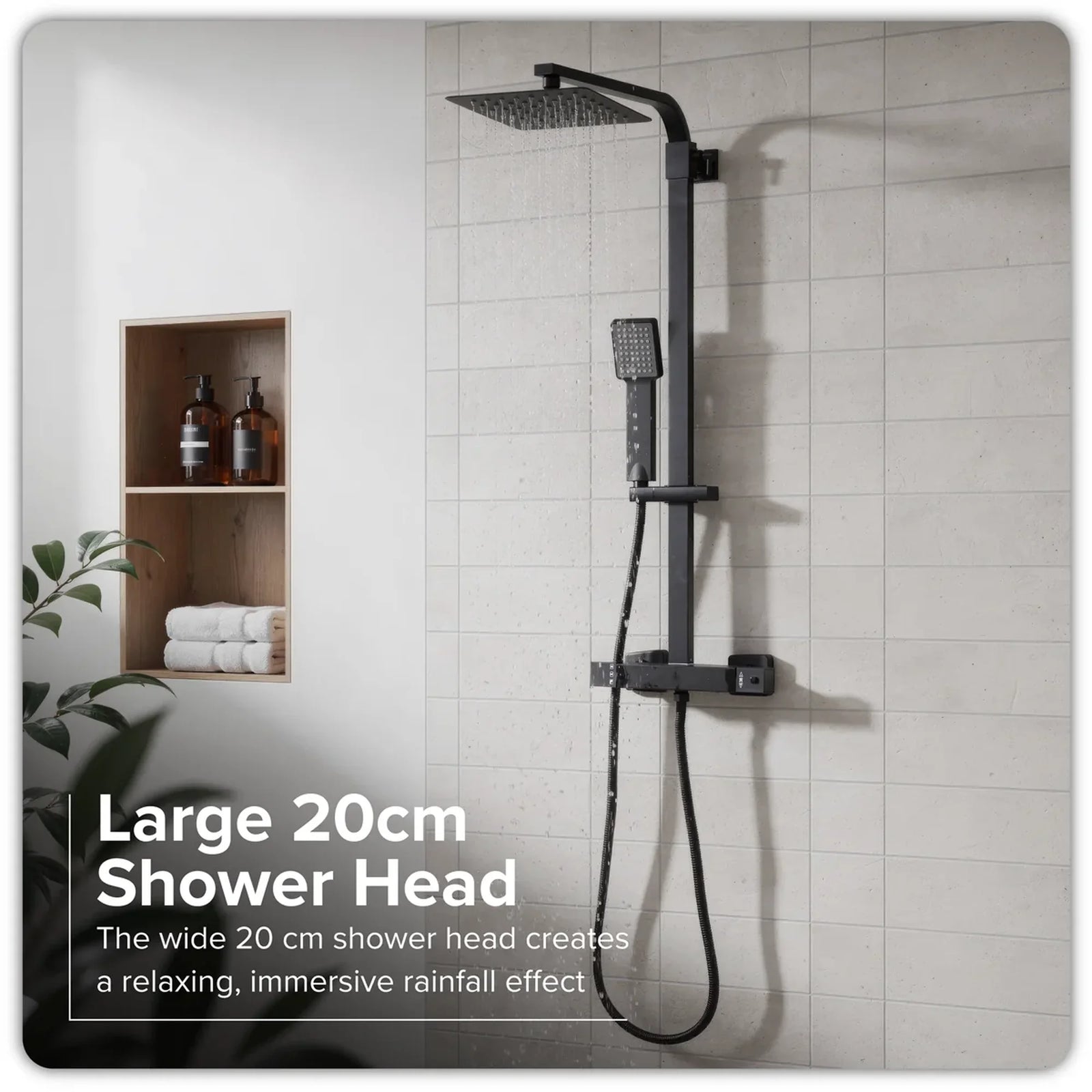 Baridi Thermostatic Shower Mixer Set 20x20cm Square Head Black