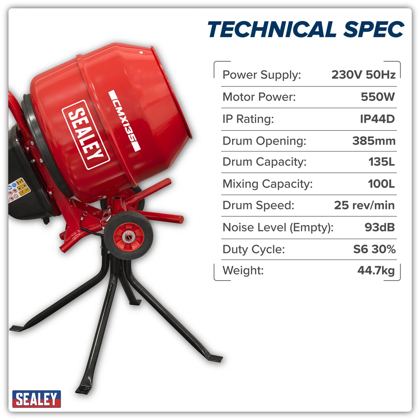 Sealey Cement Mixer CMX135 135L Drum Capacity 550W Motor