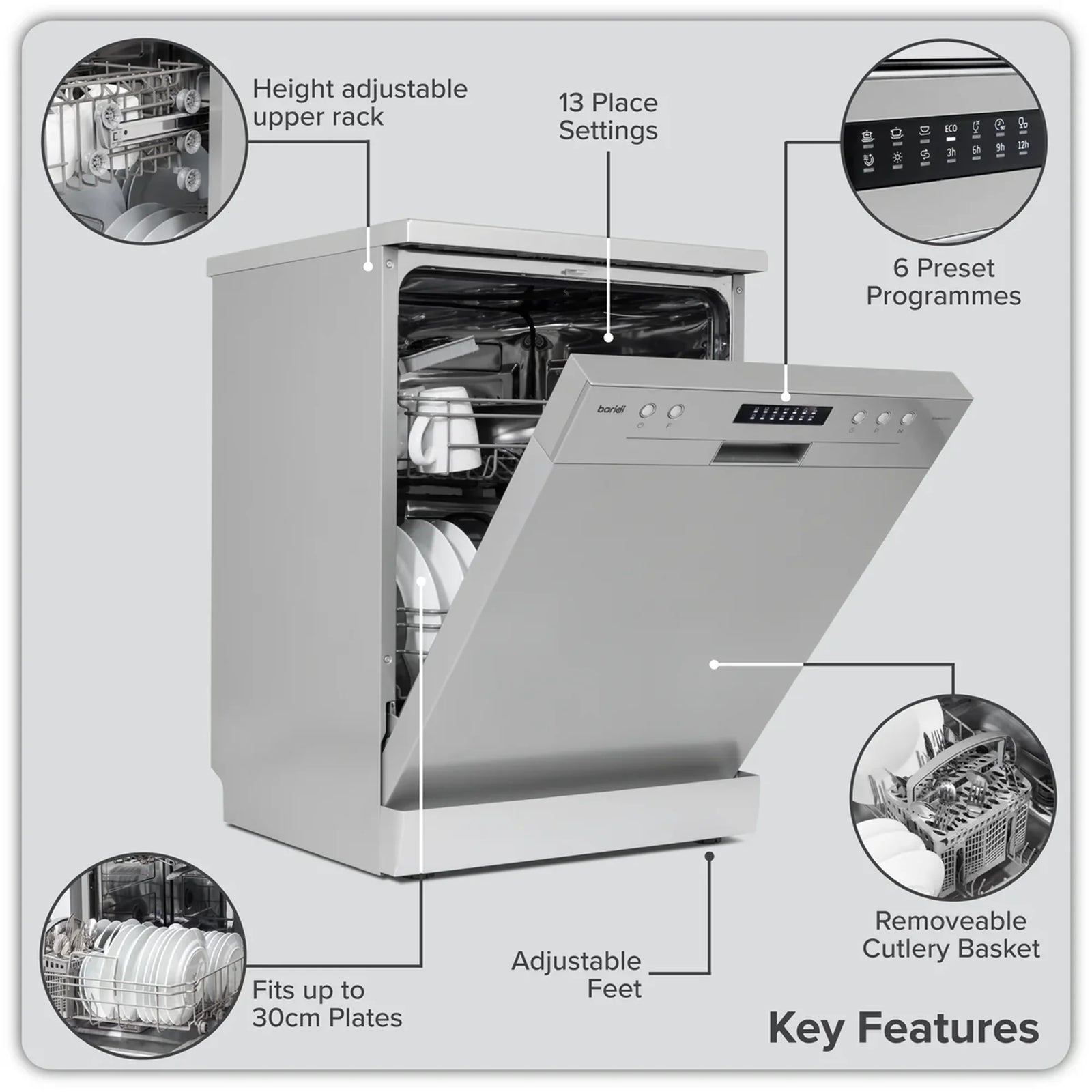 Baridi Freestanding Dishwasher DH280 60cm 13 Place Settings Silver