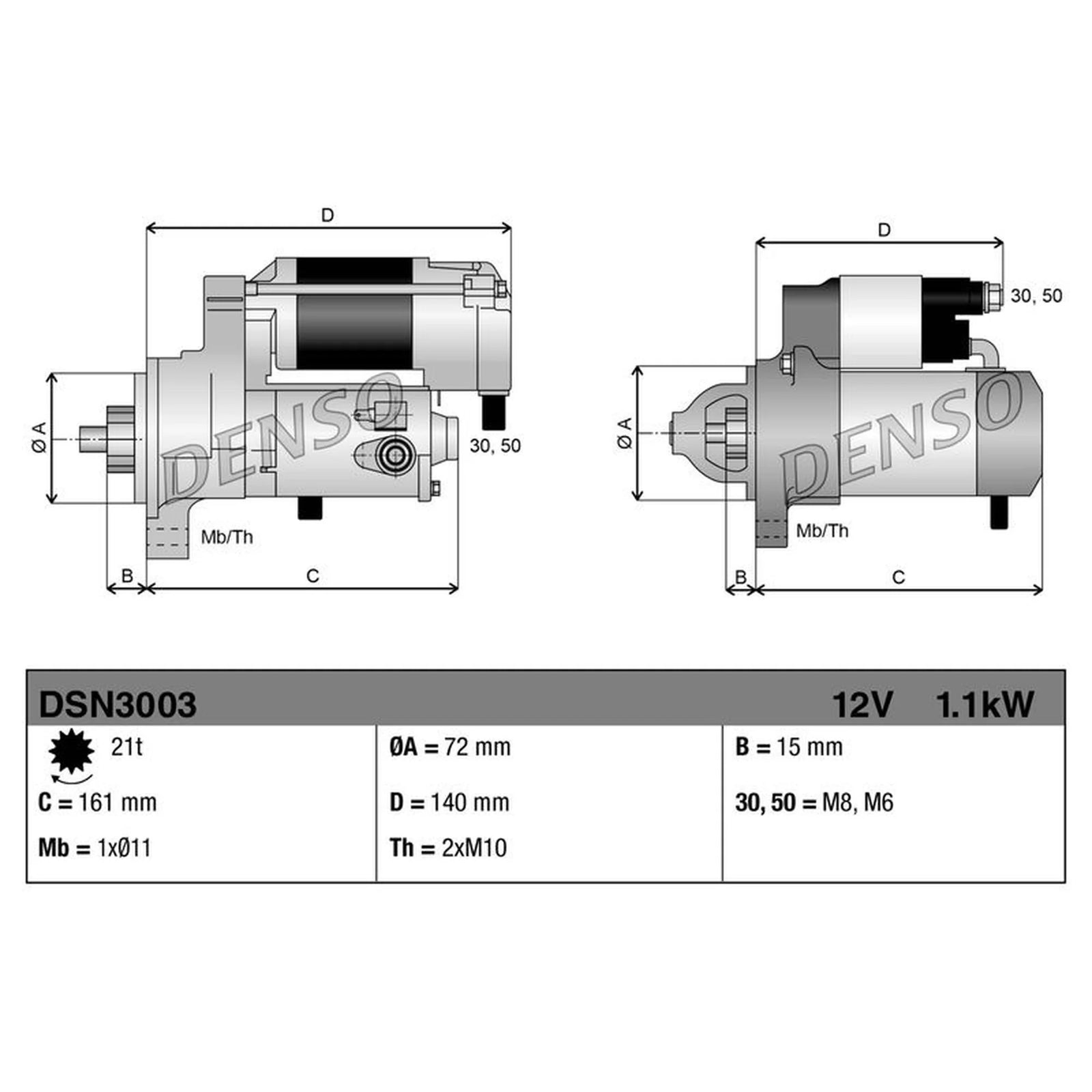Denso Starter Motor 12V 1.1kW 21 Teeth DSN3003