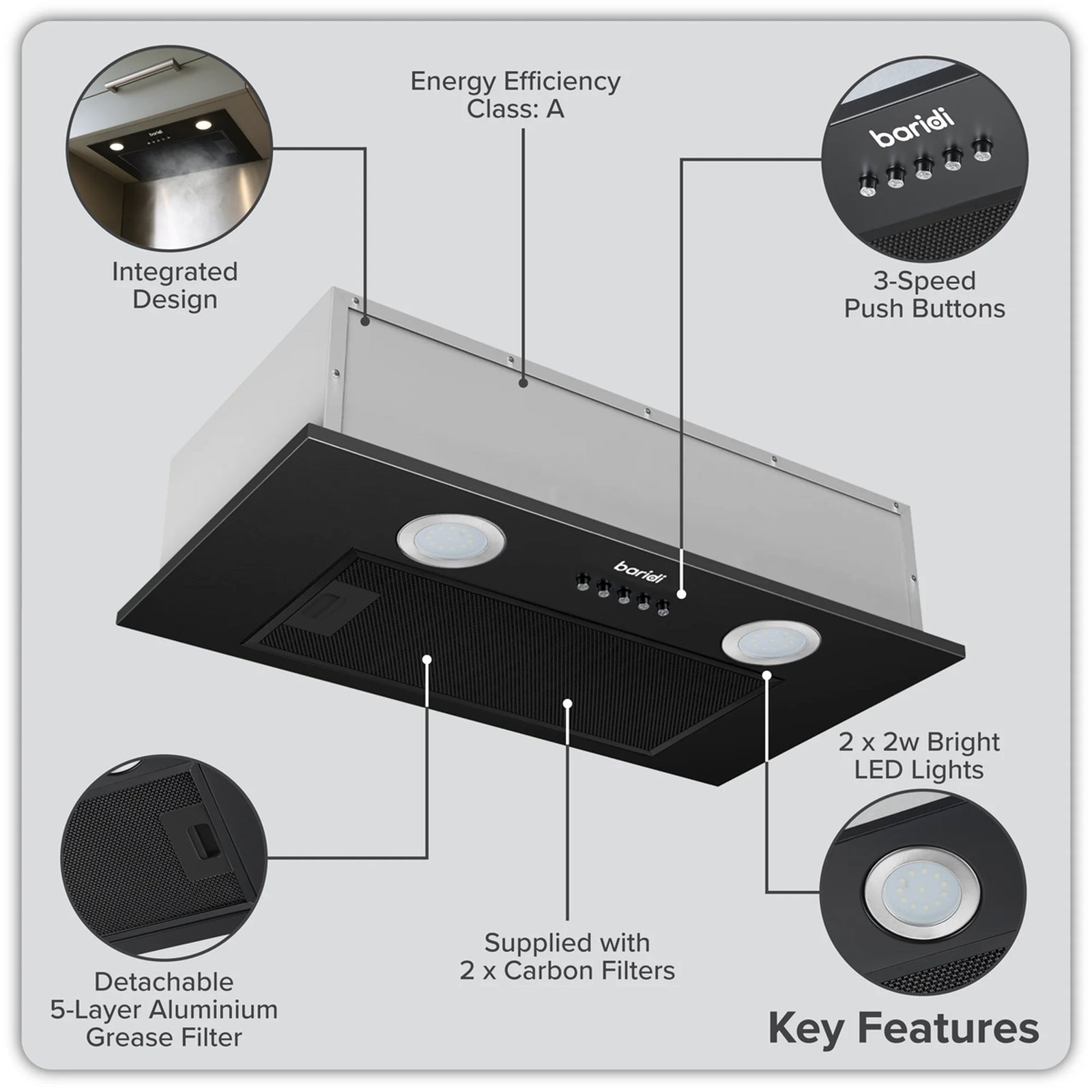 Baridi Cooker Hood DH285 52cm Wall Mounted Black