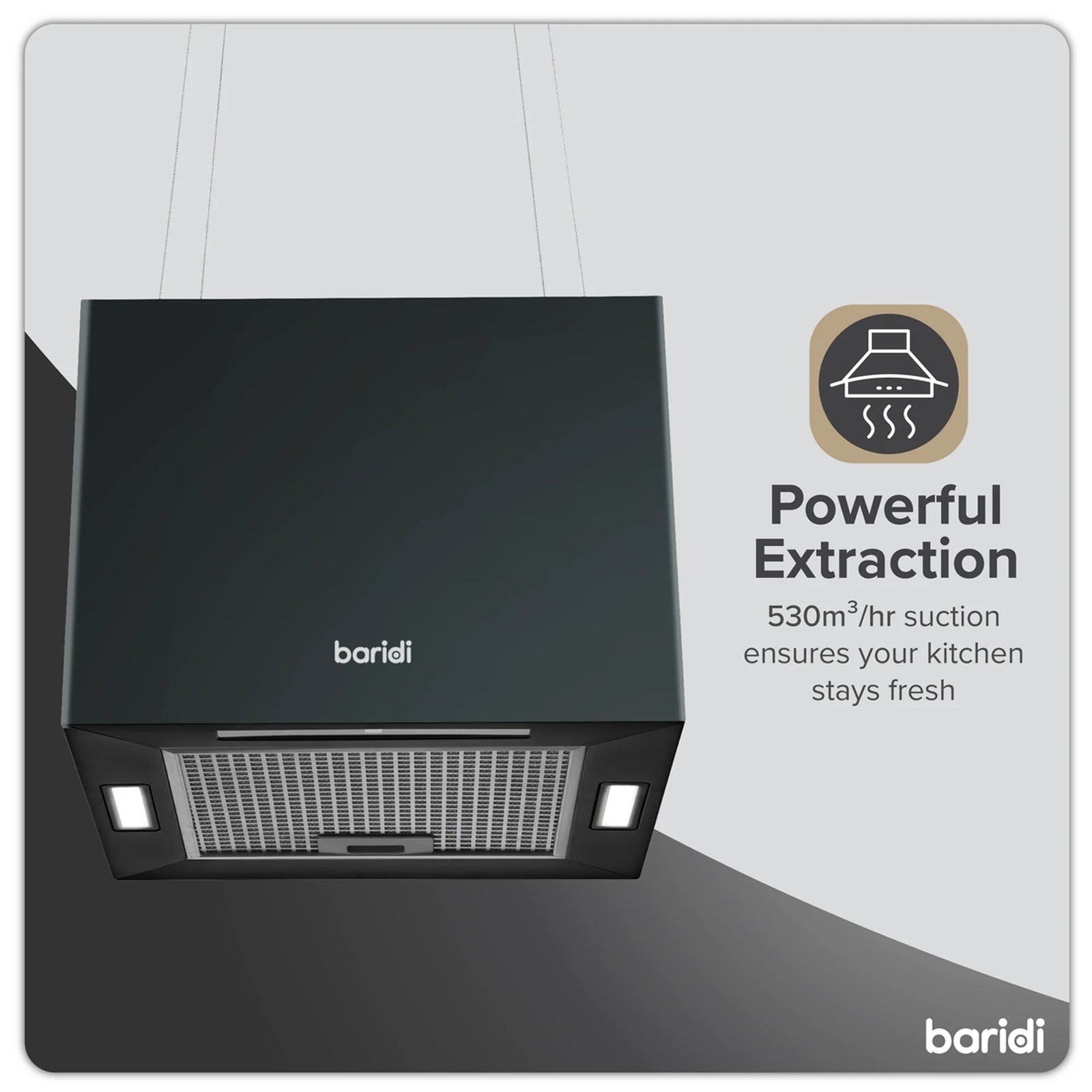Baridi Square Island Cooker Hood 40cm - Black - 530m³/h