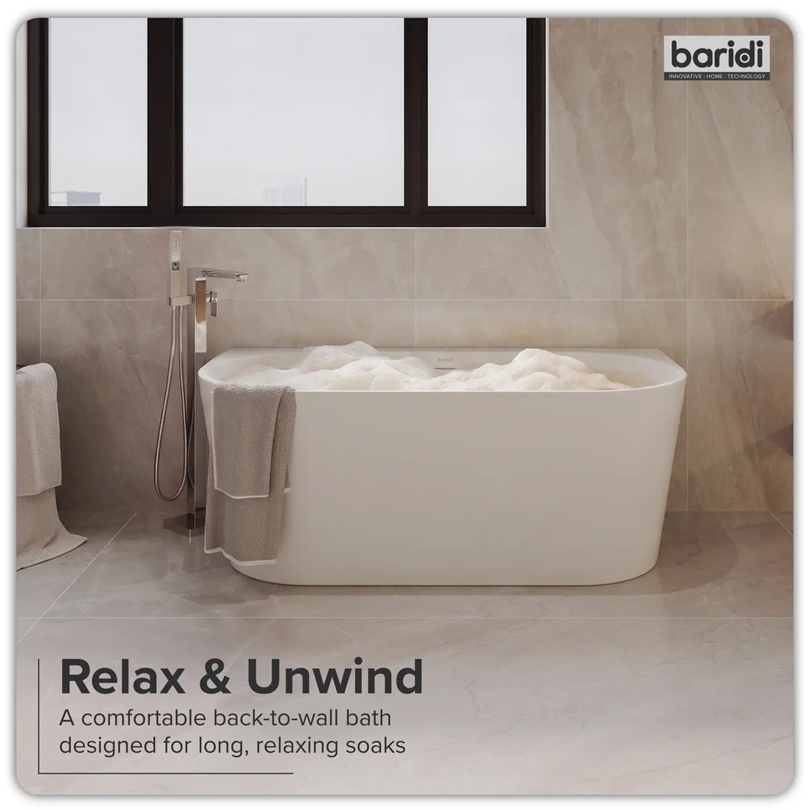Baridi Back-to-Wall Slim Rim Bath 150cm - Gloss White