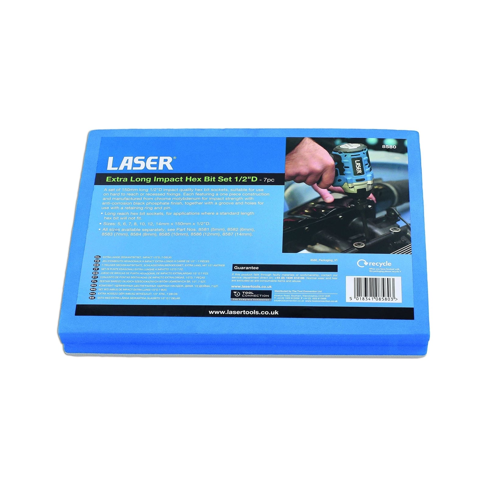 Laser Extra Long Impact Hex Bit Set 1/2"D 7pc 8580